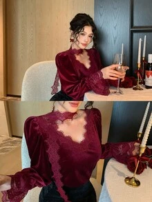DAZY Women's Loose Blouse With Eyelash Lace Trim, Ribbon And Bell Sleeves - Burgundy - View 10
