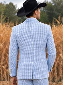 Men's Gingham Print Lapel Collar Single-Breasted Blazer - Blue and White - View 3