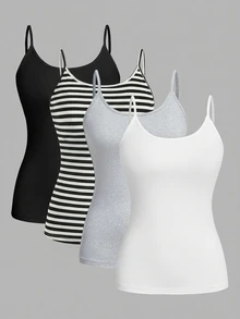 SHEIN EZwear 4件組大尺碼女款純色休閒修身細肩帶背心上衣－百搭春夏風格，適合辦公室、居家與休閒穿著（黑色、白色、灰色、黑白條紋） - 彩色 - 查看 1
