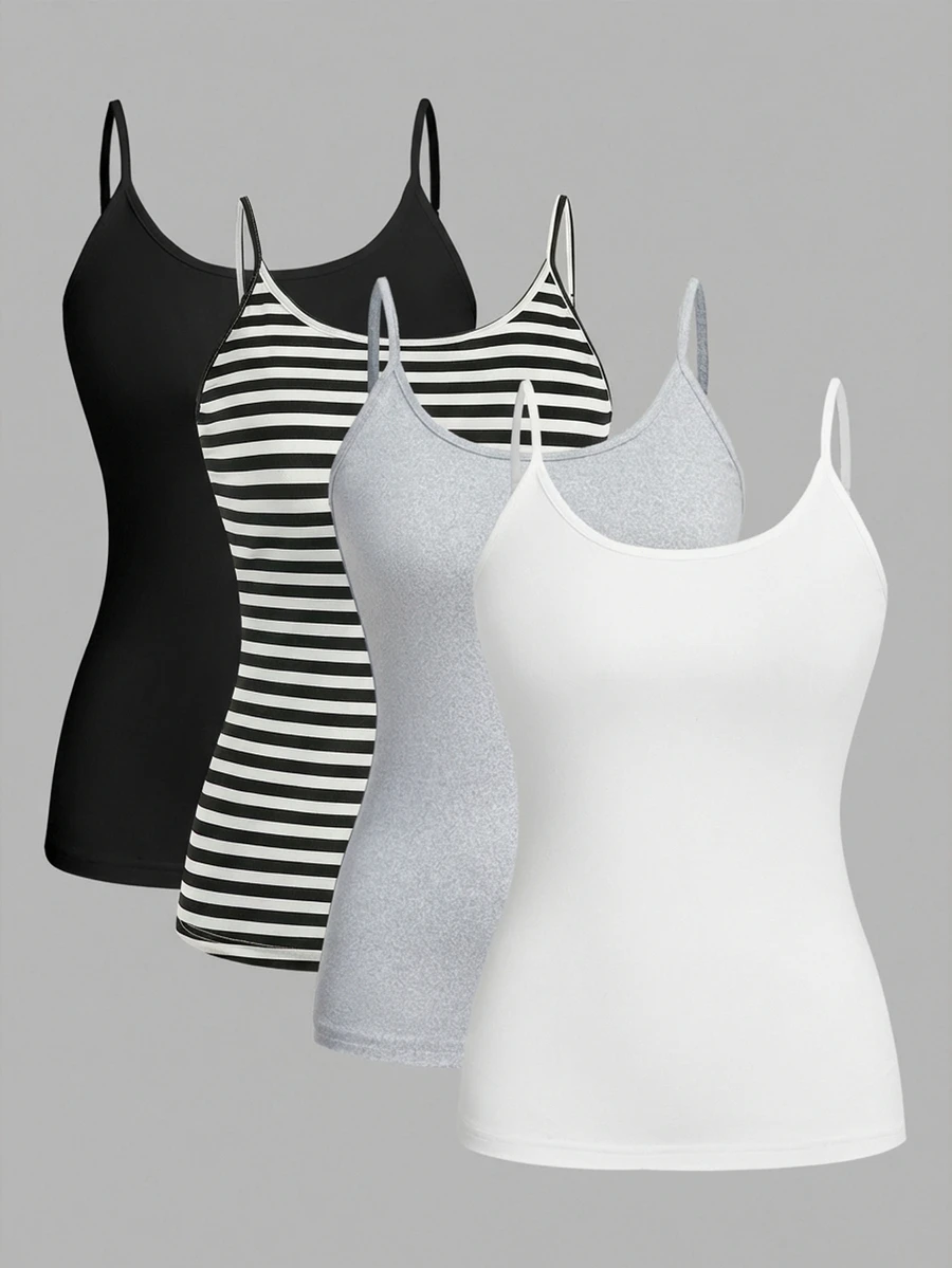 SHEIN EZwear 4件組大尺碼女款純色休閒修身細肩帶背心上衣-百搭春夏風格,適合辦公室、居家與休閒穿著(黑色、白色、灰色、黑白條紋) - 彩色 - 查看 1