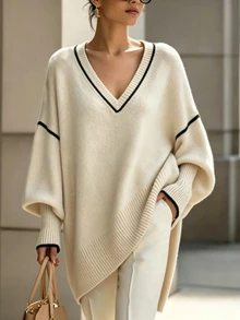 INAWLY Women's Knit Sweater, Slouchy, Color Block Deep V-Neck, Lantern Sleeve, Dropped Shoulder - Apricot - View 1