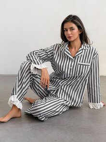 Livesso Women's Button Striped Top And Lace Patchwork Long Pants Pajama Set - Green - View 4