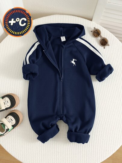 SHEIN Baby Boy Horse Pattern Knit Soft Hooded Long Sleeve Winter Jumpsuit Versatile Comfortable
