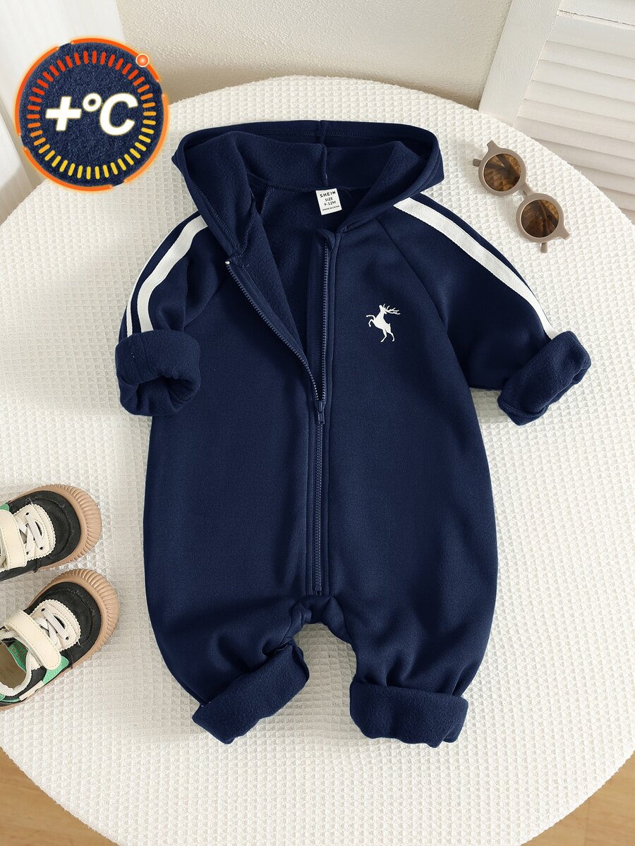 SHEIN Jumpsuit Bayi Laki-laki Motif Kuda Rajut Lembut Lengan Panjang Berkerudung Musim Dingin Serbaguna dan Nyaman - Navy Blue - View 1