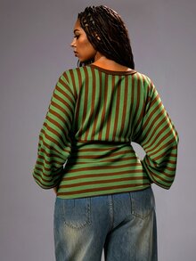 Rustia Plus Size Autumn/Winter Casual Colorful Striped V-Neck Long Sleeve T-Shirt Fall - Green - View 2