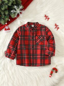 SHEIN Young Boy Young Boy Kids Autumn/Winter Thick Red Plaid Collared Long Sleeve Shirt, Suitable For Christmas And New Year - Multicolor - View 1