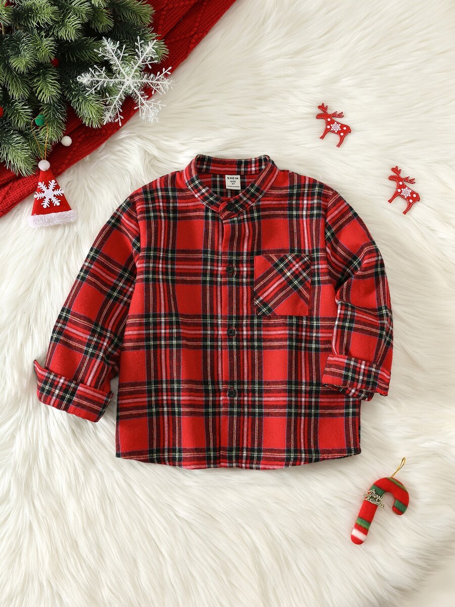SHEIN Young Boy Young Boy Kids Autumn/Winter Thick Red Plaid Collared Long Sleeve Shirt, Suitable For Christmas And New Year - Multicolor - View 1