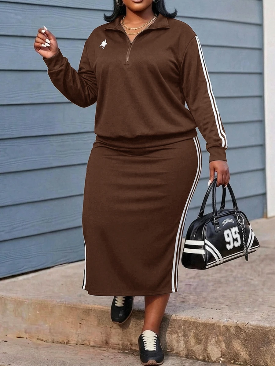 Slaydiva Early Autumn New Arrival Casual Versatile All-Match Style, Suitable For Daily Wear, Street Sports, American Vintage And Other Occasions. All-Match Versatile Sweatshirt Set Black And White Contrast Color Small Logo Pattern Loose Half-Open Front Long Sleeve Contrast Color Webbing Splicing Regular Pullover Sweatshirt + Contrast Color Webbing Splicing Mid-Length Skirt Women's Plus Size Two Pieces Set-A - Rust Brown - View 1