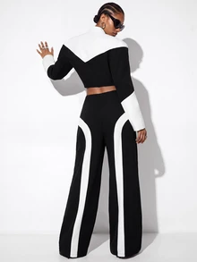 Aveloria GENKIRA Fall Black And White Contrast Color Asymmetrical Design Cropped Stand Collar Curved Hem Loose Wide Shoulder Silhouette Blazer Jacket Women's Suit Set - Black and White - View 3