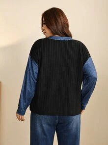 Edennvi Plus Size Women's Spring/Autumn V-Neck Denim Patchwork Ribbed Knit Long Sleeve Top, Loose Fit, Flattering, Casual Colorblock Pullover Blouse - Multicolor - View 2