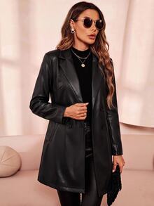 SHEIN Clasi 女款秋冬經典PU皮革中長版夾克，翻領雙排扣設計 - 黑色 - 查看 4