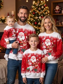 SHEIN [Excl, Baby & Kids]Christmas Red Standard Size Men's Fitted Regular Shoulder Crew Neck Pullover Sweatshirt With Thermal Lining - Red and White - View 1