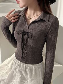 DAZY 秋季女款修身拼接綁帶 Polo 衫，優雅哥德風長袖 T-shirt 上衣，適合婚禮、夜店、派對，可愛上衣 - 棕色 - 查看 2