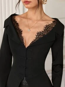 EastFlair Atasan Kasual Wanita dengan Motif Renda dan Patchwork untuk Pemakaian Sehari-hari - Hitam - View 7