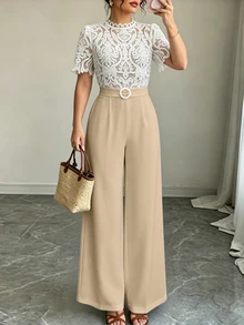 Elenzga 2026 春夏優雅休閒約會多場合小立領蕾絲刺繡拼接連身褲 - 卡其色 - 查看 7
