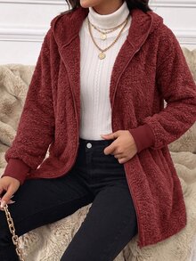 SHEIN Clasi 女款羊羔毛連帽休閒百搭日常長袖秋季運動機場穿搭拉鍊保暖咖啡棕夾克，適合返校、上班、公路旅行與旅遊 - 酒紅色 - 查看 6
