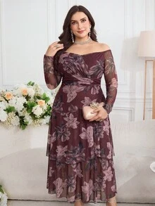 Modelyn Plus Size Women's Spring Summer Autumn Elegant Elegant Party Banquet Floral Print Off-Shoulder Cinched Waist Lightweight Dress - Multicolor - View 5
