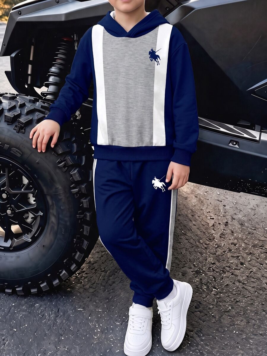 Tween Boy Casual Minimalist Long Sleeve Hooded Comfortable Sweatshirt 2 Pieces Set, Suitable For Autumn/Winter, Classic Retro Cool Color Block Patchwork Graphic Print, Exquisite Small Logo Knight Graphic Print - Multicolor - View 1