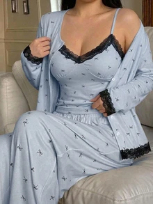 Dazy Plus 3-Piece Bow Print Fitted Camisole Cardigan & Pants Pajama Set - Blue - View 3