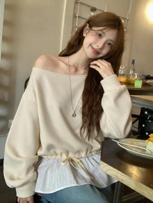 DAZY 女款韓式不對稱肩長袖運動衫 校園可愛上衣連帽衫 - 杏色 - 查看 3