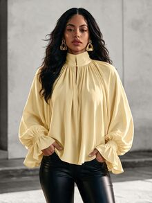Eryvara Women's Fashionable Elegant Solid Color Ruffle Asymmetric Hem Blouse, Suitable For Vacation, Autumn Brunch, Beach Garden Party And Other Occasions, Light Yellow Tone. - Yellow - View 4
