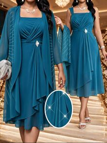 Fleurora Plus Size Women's Rhinestone Decor Pleated Dress And Cardigan Casual 2 Pieces Set - Teal Blue - View 1