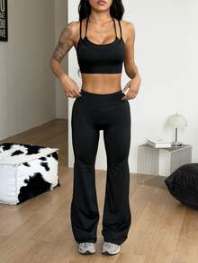Coolane Women's Summer Sportswear Yoga Going Out Comfortable Form-Fitting, Butt-Lifting Black Two Pieces Set - Black - View 2