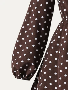 SHEIN Girls Polka Dot Print Lantern Sleeve Lace Hem Belted Midi Dress Brown - Brown - View 7