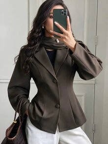 Veilorie Women's Solid Color Lapel Neck Long Sleeve Single-Breasted Casual Blazer - Coffee Brown - View 3