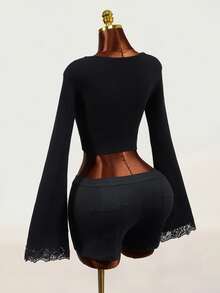 Mistrie Cardigan Wanita Musim Semi/Gugur Hitam dengan Lengan Lonceng dan Potongan Ramping, Model Slim Fit, Kancing Depan - Hitam - View 2