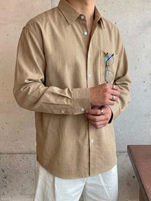 DAZY 春秋卡其色長袖素色通勤男士襯衫 - 卡其色 - 查看 5