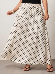Enliva Plus Size Satin Polka Dot A Line Maxi Skirt Apple - Beige - View 5