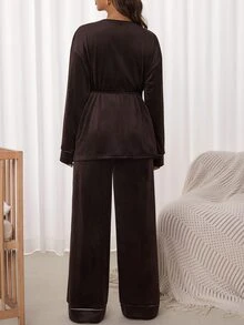 SHEIN Maternity Side Knot Long Sleeve Top And Pants Nursing 2 Pieces Set - Coffee Brown - View 5