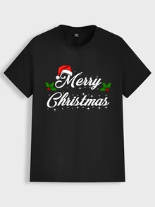 Manfinity Homme 聖誕節 Merry Christmas 口號時尚休閒印花男士標準尺寸黑色修身短袖T恤 - 黑色 - 查看 3