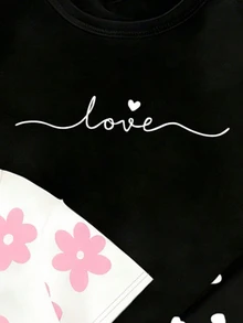 SHEIN 4件組女童休閒時尚黑白可愛極簡風愛心、花卉、字母印花短版T恤與內搭褲套裝，適合夏季度假日常穿著 - 彩色 - 查看 4