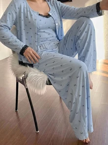 Dazy Plus 3-Piece Bow Print Fitted Camisole Cardigan & Pants Pajama Set - Blue - View 5