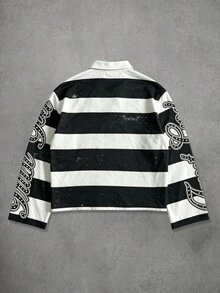 ROMWE MEN Street Life 2026 春秋冬新款休閒男士印花長袖條紋 Polo T恤，學院風中性情侶復古時尚街頭休閒上衣 - 彩色 - 查看 2