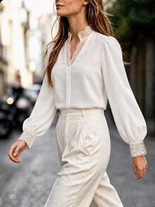 Velvienne Plus Size Women Solid Color Contrast Lace Cutout V-Neck Puff Long Sleeve Elegant Blouse - Apricot - View 5