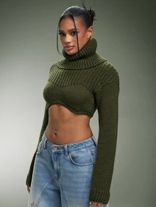 Denimoi Cropped Long Sleeves Fashion Turtleneck Sweater - Army Green - View 3