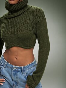 Denimoi Cropped Long Sleeves Fashion Turtleneck Sweater - Army Green - View 2