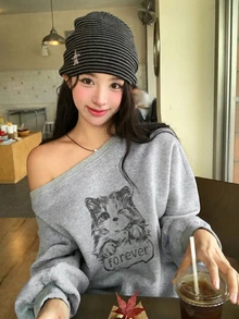 DAZY Grey Crew Neck Cat & Letter Print Loose Drop Shoulder Long Sleeve Casual Versatile Asymmetrical Pullover Sweatshirt Hoodies - Light Grey - View 3