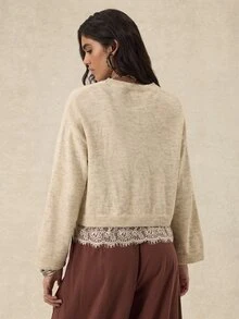 Easelle 女款素色休閒百搭日常穿著長袖針織衫 秋冬波希米亞風米色蕾絲拼接度假風 - 杏色 - 查看 2