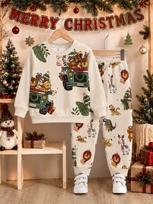 Infant Round Neck Long Sleeve Long Pants Casual Comfortable Set, Classic Christmas Pattern Print, Classic Cute Tiger Pattern Print, Christmas Tree Sloth Pattern Print, Classic Christmas Crocodile Pattern Print, Classic Animal Santa Claus Pattern Print, Classic Christmas Gift Pattern Print, Suitable For Christmas, Suitable For Autumn/Winter - Multicolor - View 6