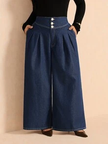 Elaquor Plus Size Women's Pleated Pocket Casual Daily Wide Leg Denim Jeans - Blue - View 5