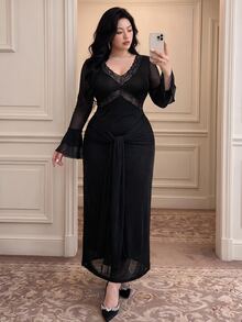 Vibekara Sexy Elegant Lace Criss-Cross Hollow Out Fitted Dress Fall - Black - View 3