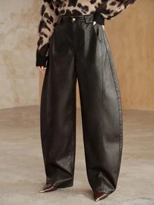 Anewsta Autumn/Winter New Women's Casual Professional Commute Lazy Versatile High Waist Distressed Washed PU Curved Leg Pants - Rust Brown - View 5