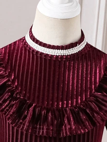 SHEIN Đầm len dệt màu trơn cổ đứng gấu bèo đính hạt phong cách thường ngày cho bé gái - Nhiều màu - Xem 3