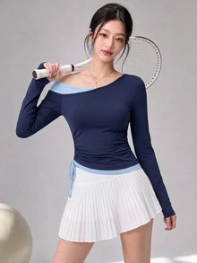 DAZY Women's Colorblock Asymmetric Collar Side Drawstring Casual Fitness Sports T-Shirt - Navy Blue - View 5