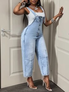 SHEIN PETITE Women's Outdoor Fashion All-Season Versatile Utility Pocket Blue Petite Denim Overalls - Light Wash - View 7