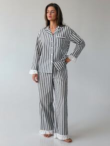 Livesso Women's Button Striped Top And Lace Patchwork Long Pants Pajama Set - Green - View 3